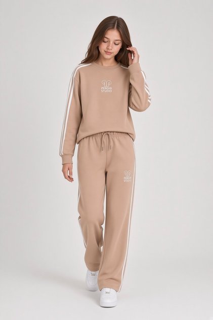 Brown Girls' Crew Neck Striped Wide Leg Sweatpants Set 24626