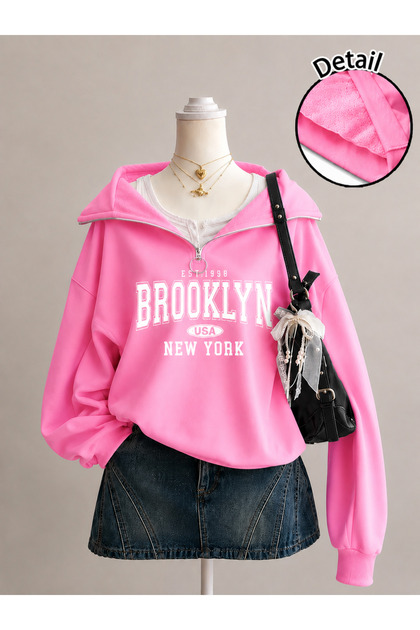 Unisex Erkek/Kadın BROOKLYN1998 Özel Baskılı Renkli Dik Yaka Yarım Fermuarlı Pamuklu Oversize Sweatshirt