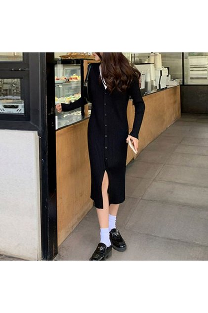 Women's Black V-neck Long sleeve Midi Dress