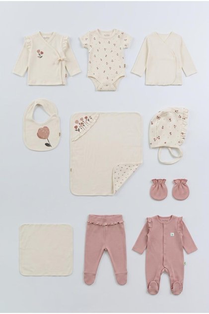 Baby Cotton Floral Detailed Ecru Powder 10 Piece Hospital Discharge Set