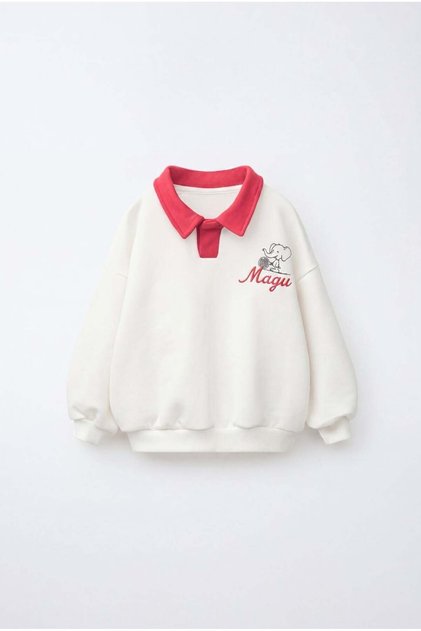 Children's Cotton Elephant Embroidered Red Polo Collar Ecru School Sweatshirt