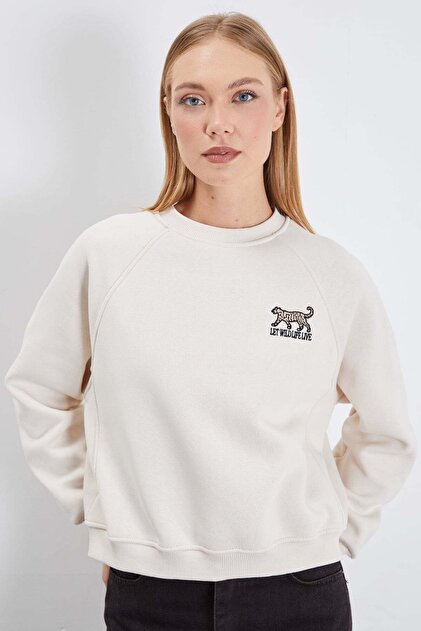 3 Thread Leopard Embroidered Raglan Sleeve Oversize Sweatshirt