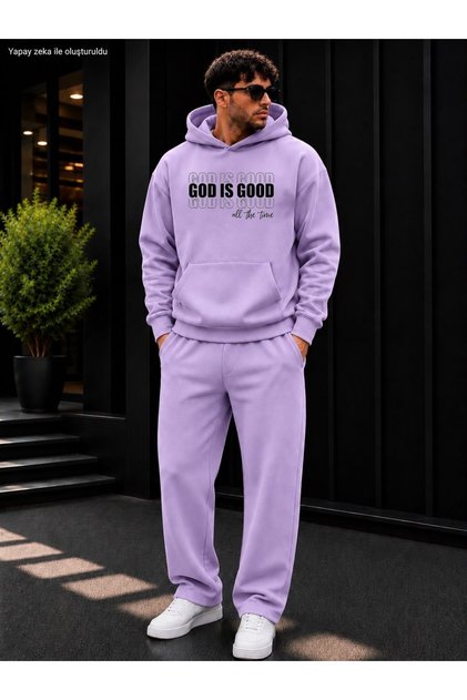 Men's God Is Good Written Sweatpants Set / Round Neck Cotton Sweatshirt and Straight Leg Bottoms