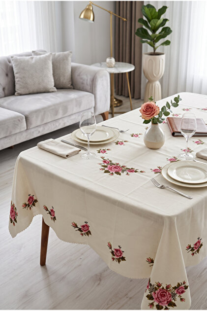 Pink Rose Cross-Stitch Patterned Tablecloth 160X220 cm – Seamless Fabric Digital Printed Stylish Tablecloth