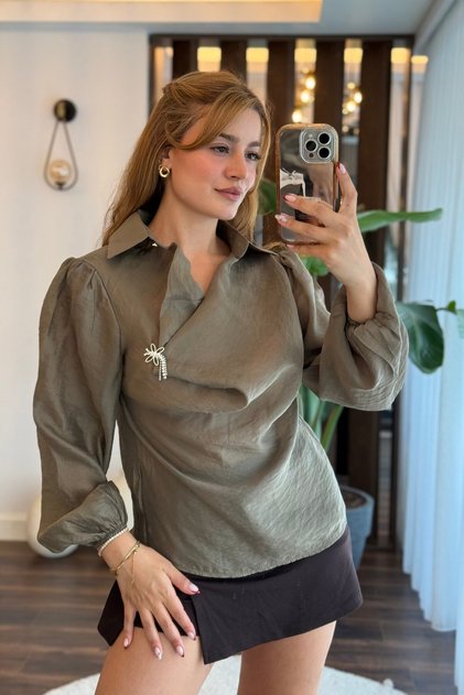 Women's Brooch Detailed Collared Viscose Transparent Blouse Khaki