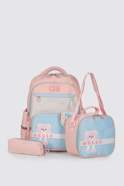 Kids Premium Okul Çanta Seti 3'lü İlkokul Ortaokul Sırt Çantası Termal Beslenme Çantası Kalemlik Pembe 51983