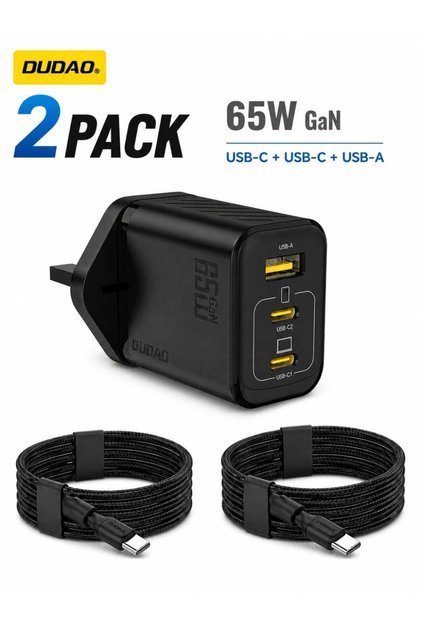 شاحن سريع GaN بقوة 65 واط، عبوة من قطعتين، مجموعة شاحن حائط بـ 3 منافذ USB-C (منفذان Type-C + USB)، شاحن مدمج للابتوب والهاتف مع كابل 240 واط، تحكم ذكي في درجة الحرارة، أسود