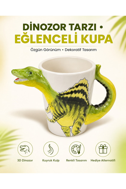 Dinozor Tasarımlı 3D Seramik Kupa Kuyruk Kulplu Renkli Dekoratif Hediye Kupa Bardak