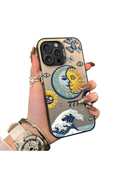iPhone 16 Pro Compatible Sun-Moon Eye and Wave Butterfly Pattern Acrylic Back Silicone Edge Phone Case
