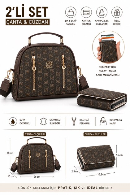 Women's Long Strap Hand and Shoulder Bag with Mini Wallet, Zipper, Card Holder and Coin Compartment