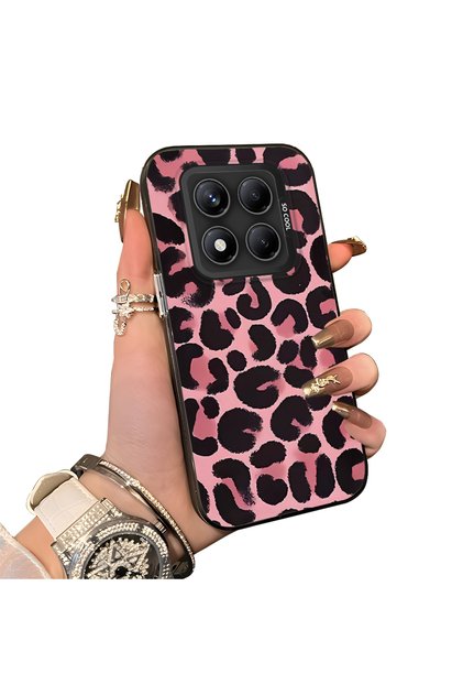 For Xiaomi Redmi Note 14 Pro 4G/5G Compatible Pink Back Black Leopard Pattern Acrylic Back Silicone Edge Phone Case