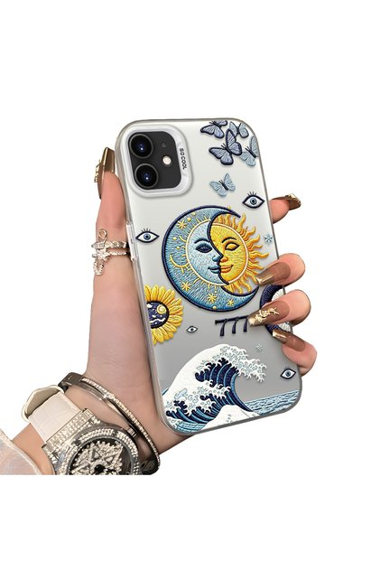 iPhone 12/12 Pro Compatible Sun-Moon Eye and Wave Butterfly Pattern Acrylic Back Silicone Edge Phone Case