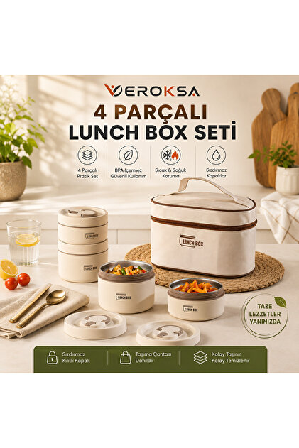 5 Parçalı Paslanmaz Çelik Lunch Box Yemek Kabı Seti 2x400 ml + 2x600 ml Taşıma Çantalı