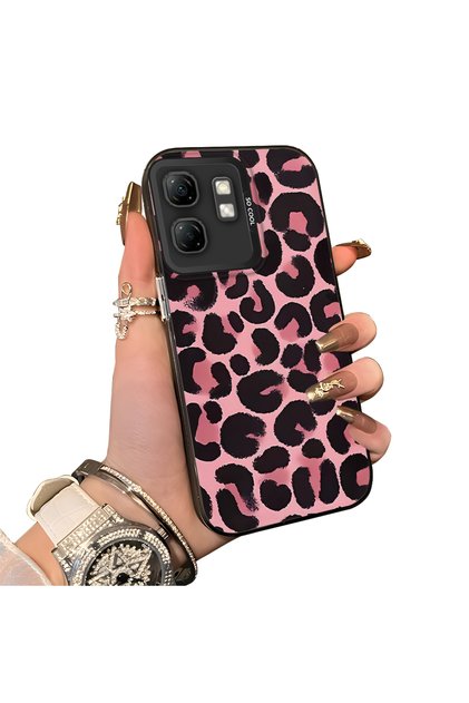 Infinix Hot 50I Compatible Pink Back Black Leopard Pattern Acrylic Back Silicone Edge Phone Case