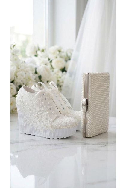 Women's Off-White Lace and Pearl Embellished Wedge Heel Bridal Shoes and Pearl Bag Set