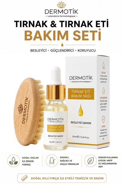 Tırnak ve Tırnak Eti Bakım Seti - Güçlendirici Besleyici Doğal Bakım Yağı 10 ml + Tırnak Fırçası