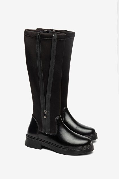 Black Zipper and Stretch Detailed Thick Sole Boots