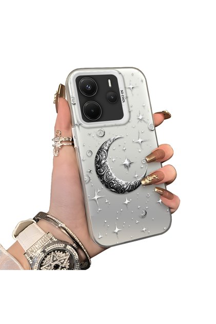 Xiaomi Redmi Note 14 4g Compatible Silver Engraved Moon and Star Pattern Non-Transparent Acrylic Back Silicone Edge Case