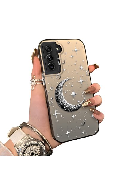 Samsung Galaxy S21 Fe Compatible Silver Engraved Moon and Star Pattern Non-Transparent Acrylic Back Silicone Edge Case