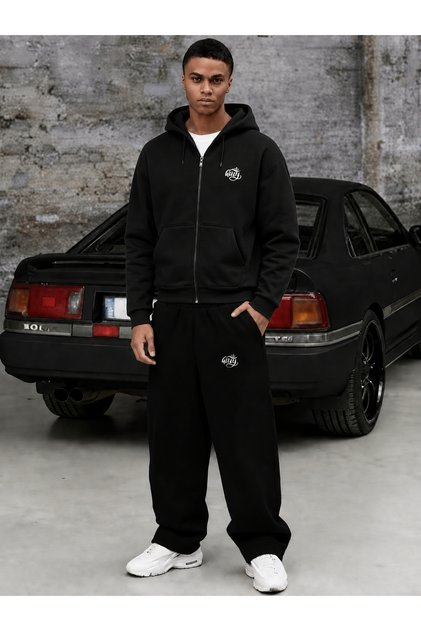 Unisex King Text Printed Zippered Sweatshirt and Baggy Sweatpants Set