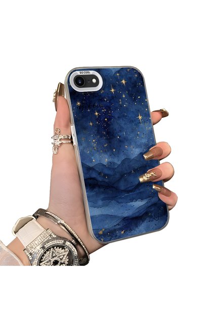 iPhone 7/8/Se 2020 2022 Compatible Navy Blue Watercolor Mountain-Star Art Pattern Acrylic Back Silicone Edge Phone Case