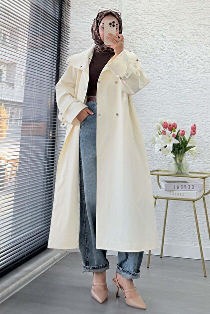 Premium Snap Detailed Stand Collar Belted Trench Coat - Ecru