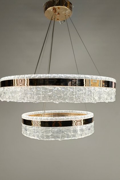 Lüks Çift Halka Kristal LED Avize - Altın Tezatlı