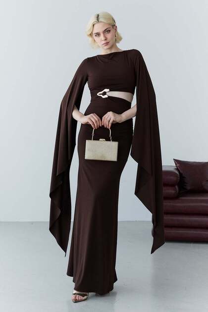 Brown Cape Sleeve Low-Cut Waist Long Dress