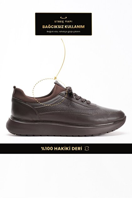 Genuine Leather Men's Walking Shoes Casual Comfort Stretch Structure Laceless Use Orthopedic Daily Comfortable Sole Brown Sneaker