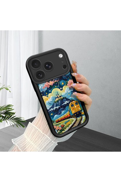 iPhone 17 Pro Compatible Black Silicone Case Starry Night Train and Castle Pattern with Camera Protection Shock Absorbing