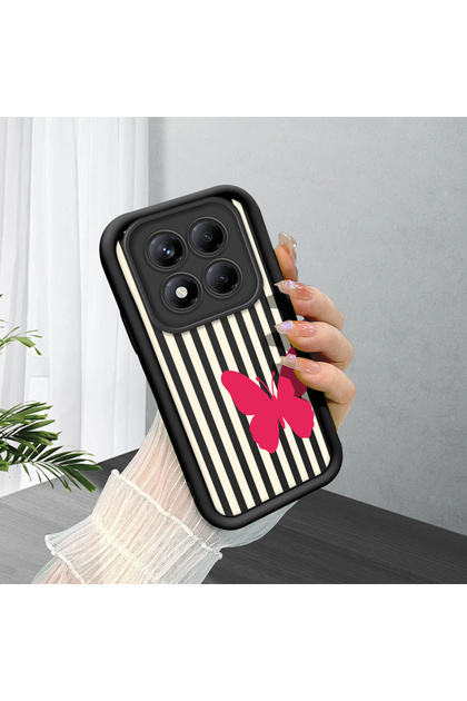 Redmi Note 14 Pro 4g Compatible Black Silicone Case with Black and White Stripes Butterfly Pattern Camera Protection Shock Absorbing