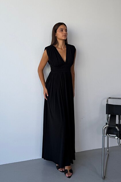 Black V-Neck Waist Corset Pleated Long Dress