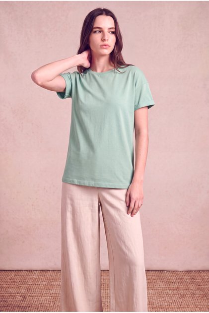 Women's Modal / Cotton Green-Grey Folded Short Sleeve Detailed Low Shoulder Crew Neck T-Shirt Palma