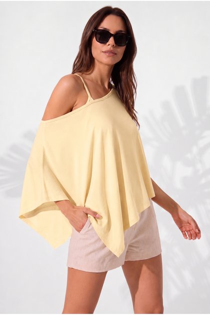 Women's Butter Yellow Off-Shoulder Poncho Blouse and String Strap Tank Top Two-Piece Set Modal Cotton