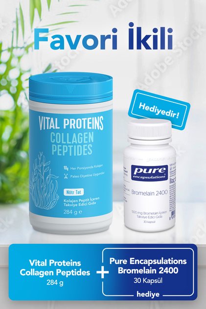 Collagen Peptides 284g + Pure Encapsulations Bromelain 2400 30 Kapsül Hediyeli Set