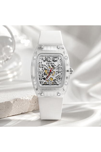 Zeyra Skeleton Watch with Transparent Case and White Strap and Silver Dial =Zeyra Skeleton Watch with Transparent Case and White Strap