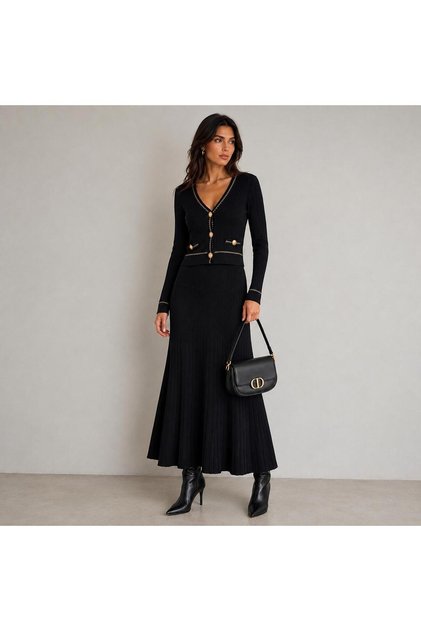 Women's Black Striped Textured Button Detailed Cardigan Skirt Bottom Top Set Mta022