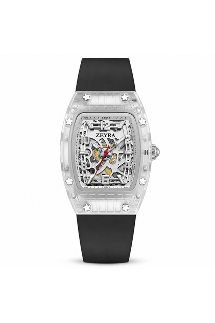 ساعة ZEYRA سكليتون بهيكل شفاف برميلي وسوار أسود-ZEYRA Skeleton Watch with Transparent Tonneau Case and Black Strap