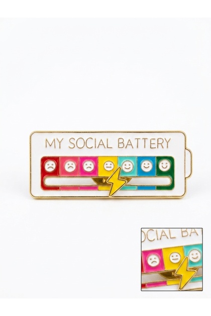 Brosa Metalica Interactiva Social Battery, Indicator Stare de Spirit Reglabila, Alb, 5 x 2.5 cm