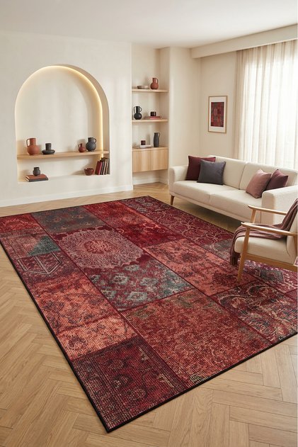 Etnik Vintage Kaymaz Dokuma Tabanlı Yıkanabilir Şönil Kilim Salon Halısı Çocuk Odası Mutfak Koridor