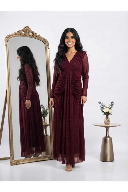 Long Dark Pleated Evening Gown with Narrow Sleeves and Shiny Sequin Embroidery