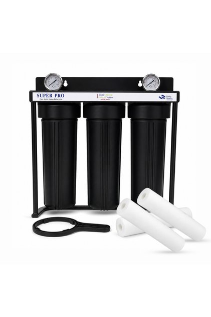 3-Stage Whole House Water Filtration System Heavy-Duty Filter Housing with Dual Pressure Gauges, Sturdy Metal Support Frame, Housing Wrench, and Sediment Filter Cartridge for Tap Water Purification