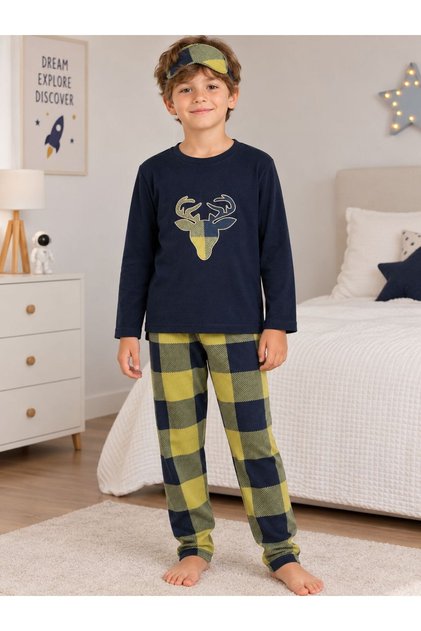Boy's Cotton Winter Fleece Pajama Set with Sleep Band, Deer Pattern, Navy Blue Color