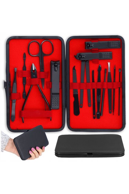 Set manichiura si pedichiura 16 piese, trusa ingrijire unghii cu unghiera, foarfeca, penseta, pila si instrumente pentru cuticule, otel inoxidabil, in etui elegant negru