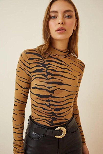 Women's Tiger Pattern Half Fisherman Long Sleeve Blouse