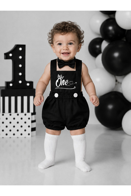 Black Baby Boy 1 Year Old Birthday Romper Bow Tie Socks Set