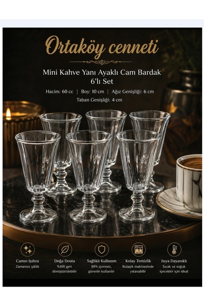 Mini Footed Glass Coffee-Water Cup 60 Cc Volume 10 cm Height 6 cm Mouth 4 cm Base Clean Product