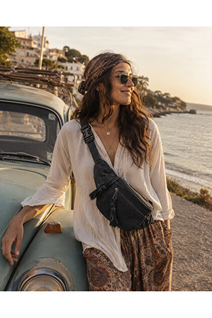 Vintage Retro Design Canvas Crossbody Waist Bag with Tassel Detail Retro Multi-Compartment Waist Bag