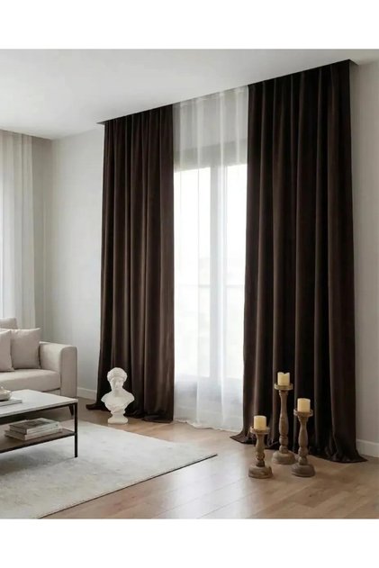 Bitter Coffee Color Velvety Texture Non-Pleated Plain Installation Gathered Living Room Background Curtain
