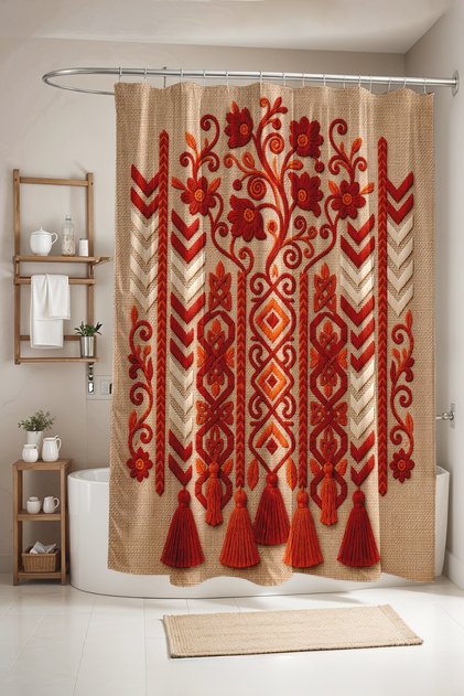 Ethnic Embroidery and Tassel Embellished Patterned Shower Curtain, Bathtub Curtain 175X200Cm